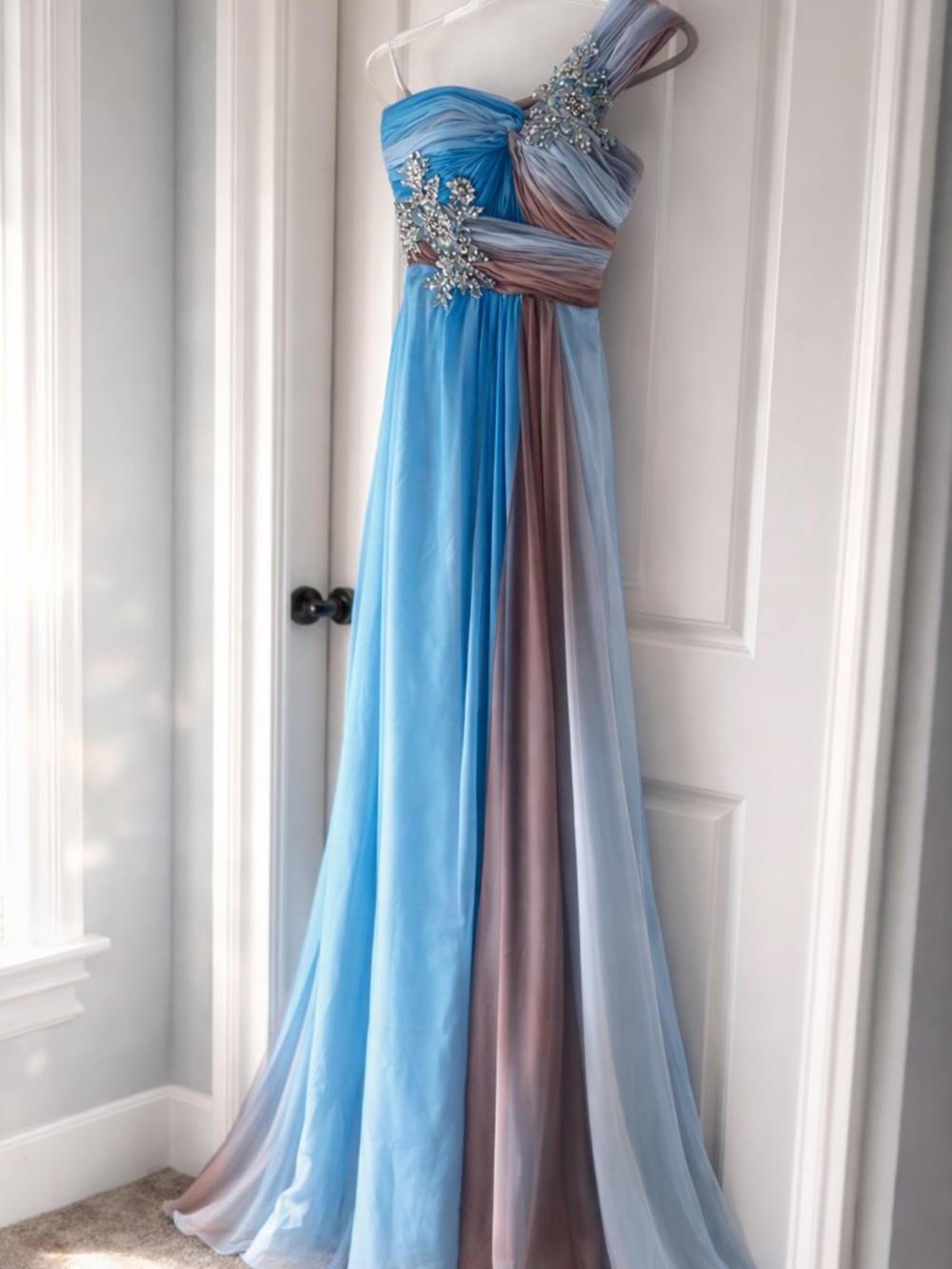 One-Shoulder Blue and Mauve Ombre Prom Dress